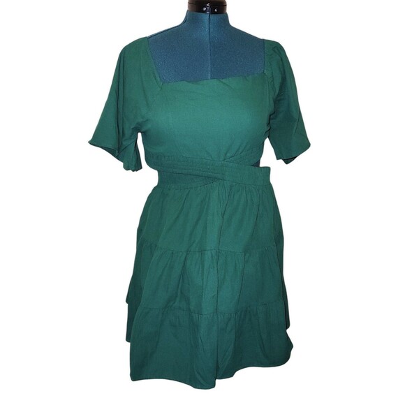 Shy Velvet Summer Dress Square Neck Short Bell Sleeves Cut Out Waist DK … - Picture 2 of 8